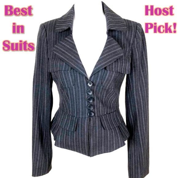 NANETTE LEPORE Jacket Blazer Short Fitted Pinstripe Gray Grey 2 - Picture 1 of 9